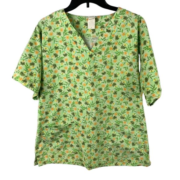 Uniform Advantage UA Scrubs Womens Small Green Floral Palm Trees Scrub Top - Picture 1 of 5
